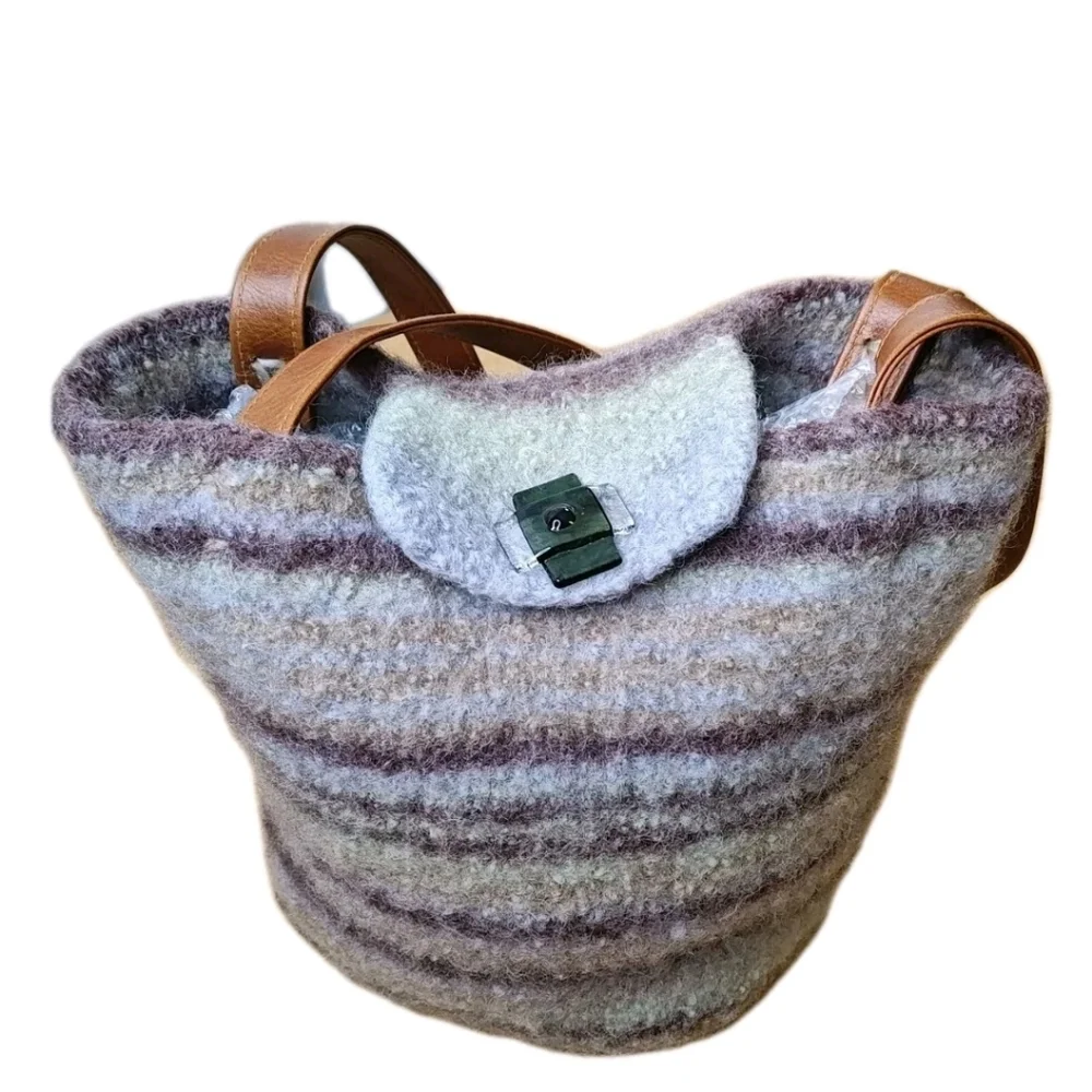 Artisan Handmade Fuzzy Wool Buckle Bag Purse Striped Glass Button Fold Over Top